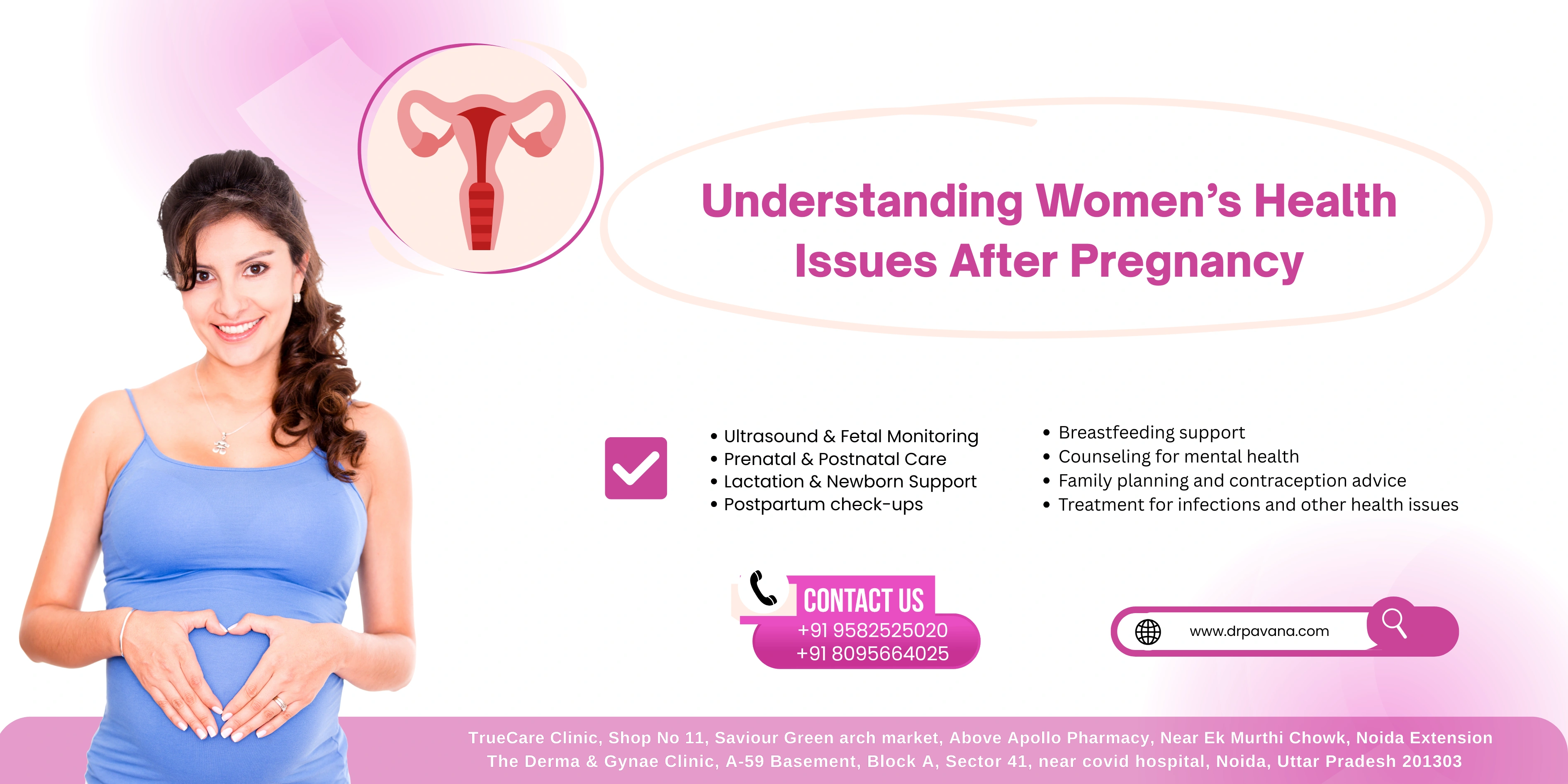 Lady doctor in Noida advising new mother on diet, exercise, and self-care after childbirth with best gynecologist in Green Arch Market and Noida Sector 41.